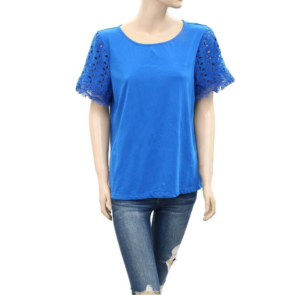 Lilly pulitzer Eyelet Cutout Embroidered Lace Fringes Blue Blouse Top XS